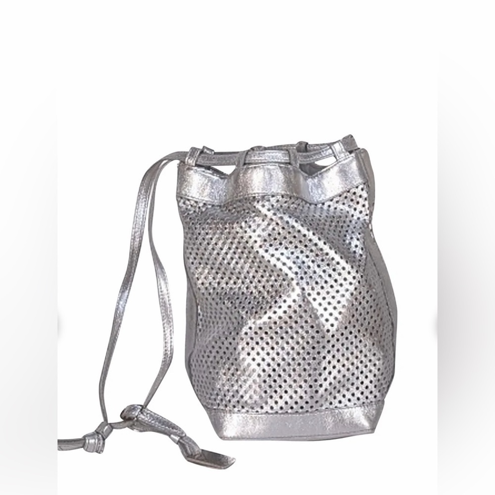 Vintage Celine 1990’s Metallic Silver Perforated Drawstring Mini Bucket Bag Y2K